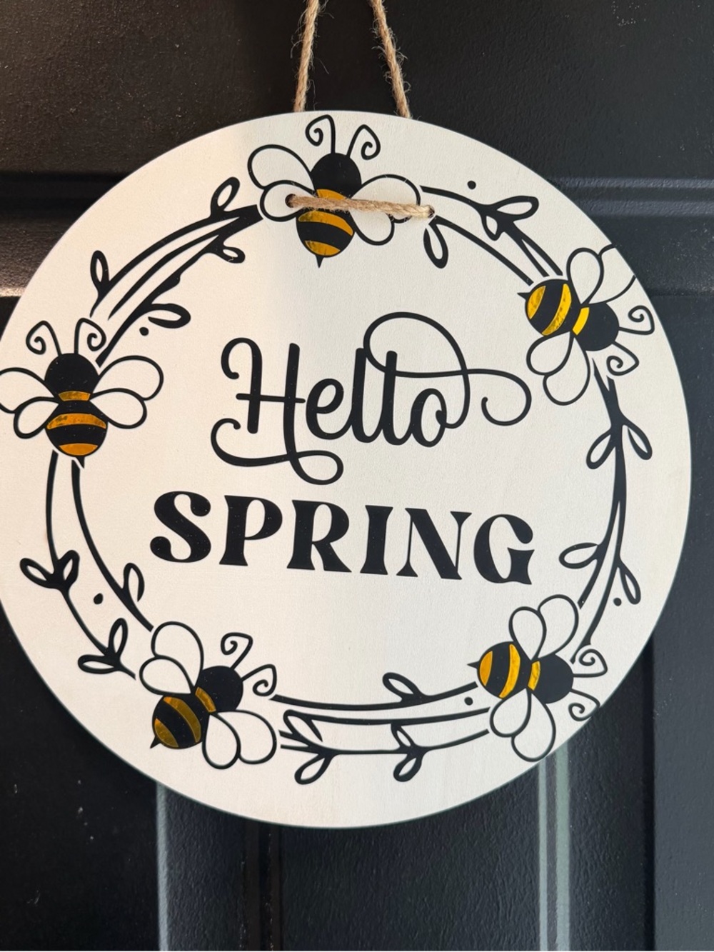 Hello Spring Door Sign - White and Yellow Bee Design